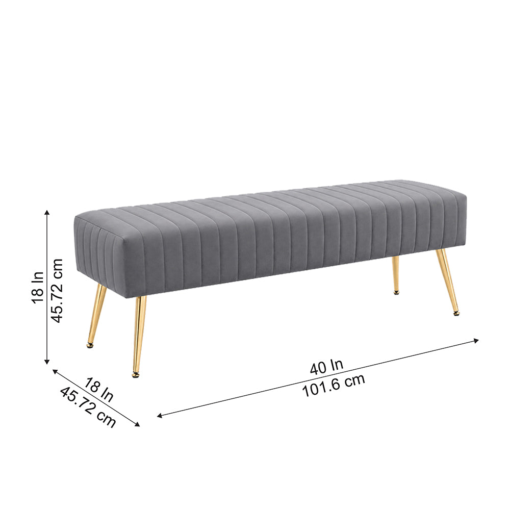 Grey Upholstered Bench with Channel Stitching & Gold Legs