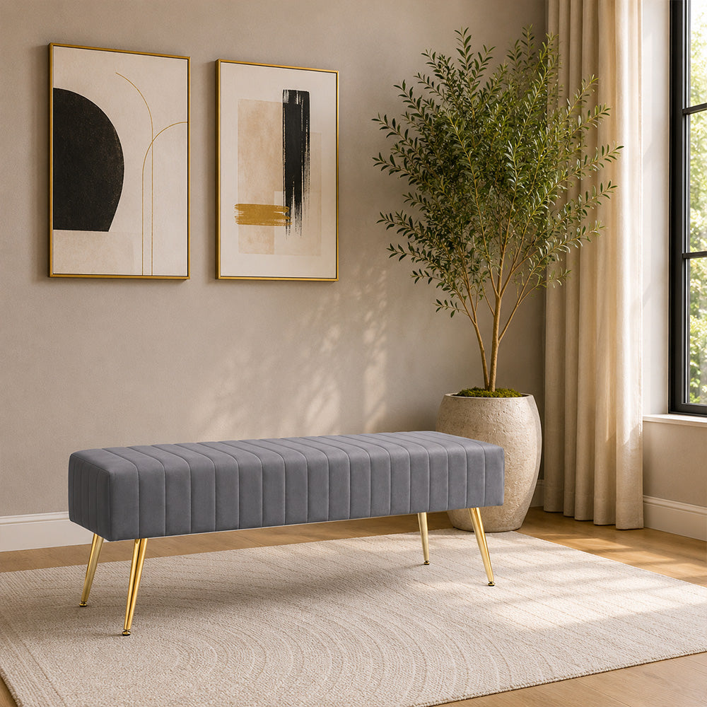 Grey Upholstered Bench with Channel Stitching & Gold Legs