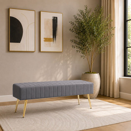 Grey Upholstered Bench with Channel Stitching & Gold Legs