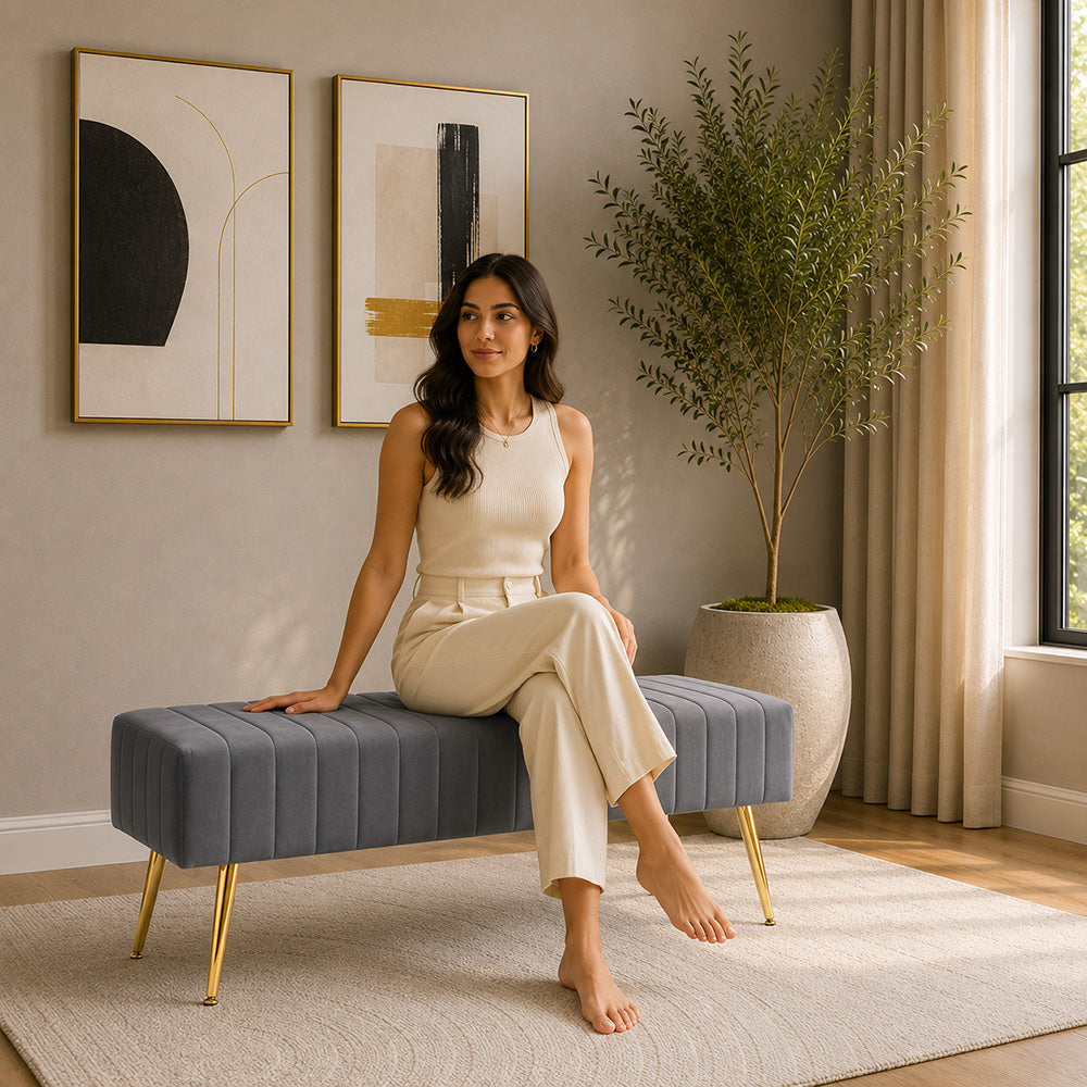 Grey Upholstered Bench with Channel Stitching & Gold Legs