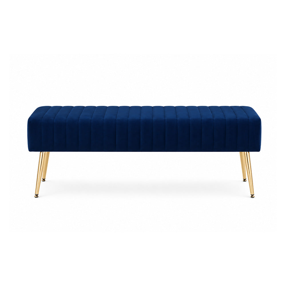 Blue Upholstered Bench with Channel Stitching & Gold Legs