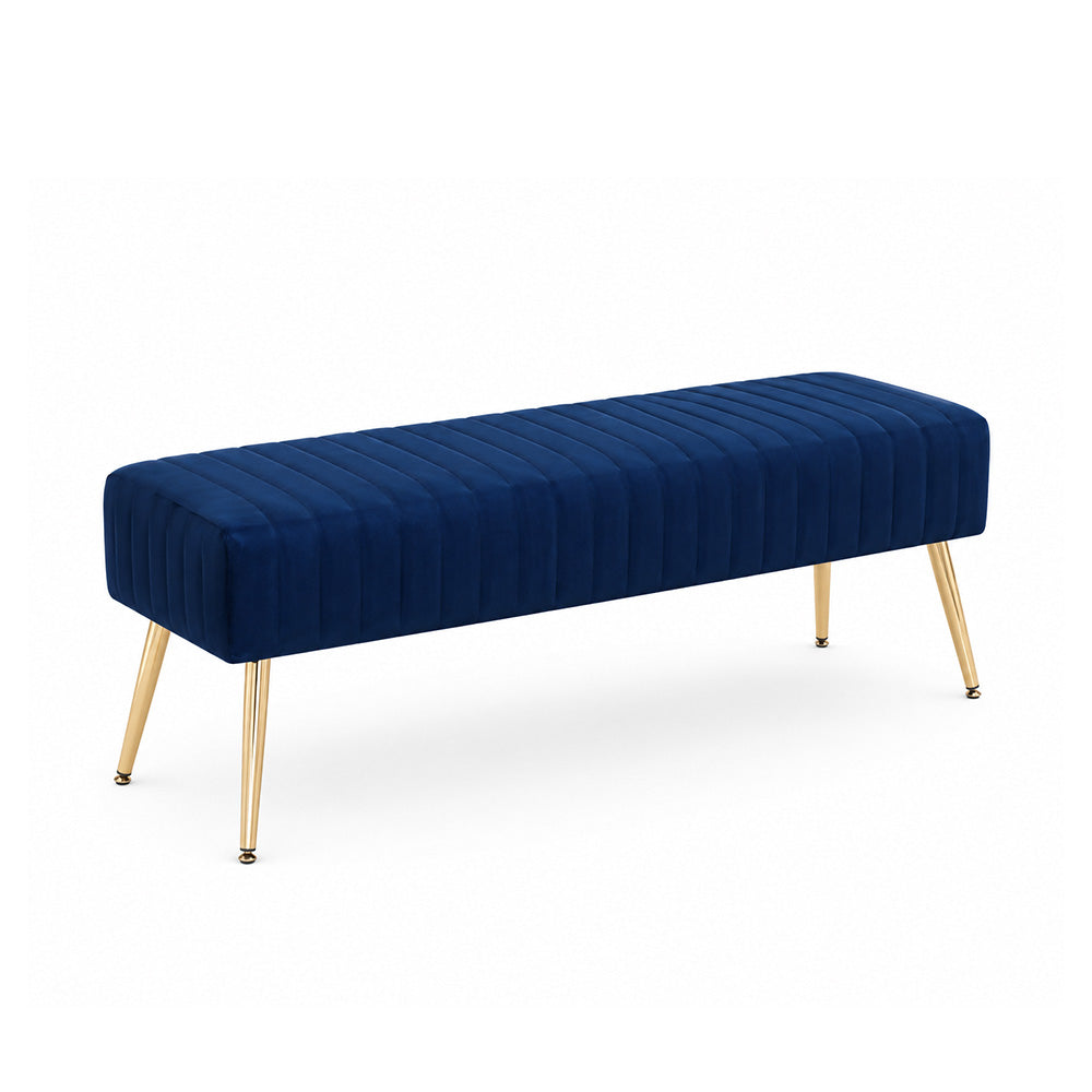 Blue Upholstered Bench with Channel Stitching & Gold Legs