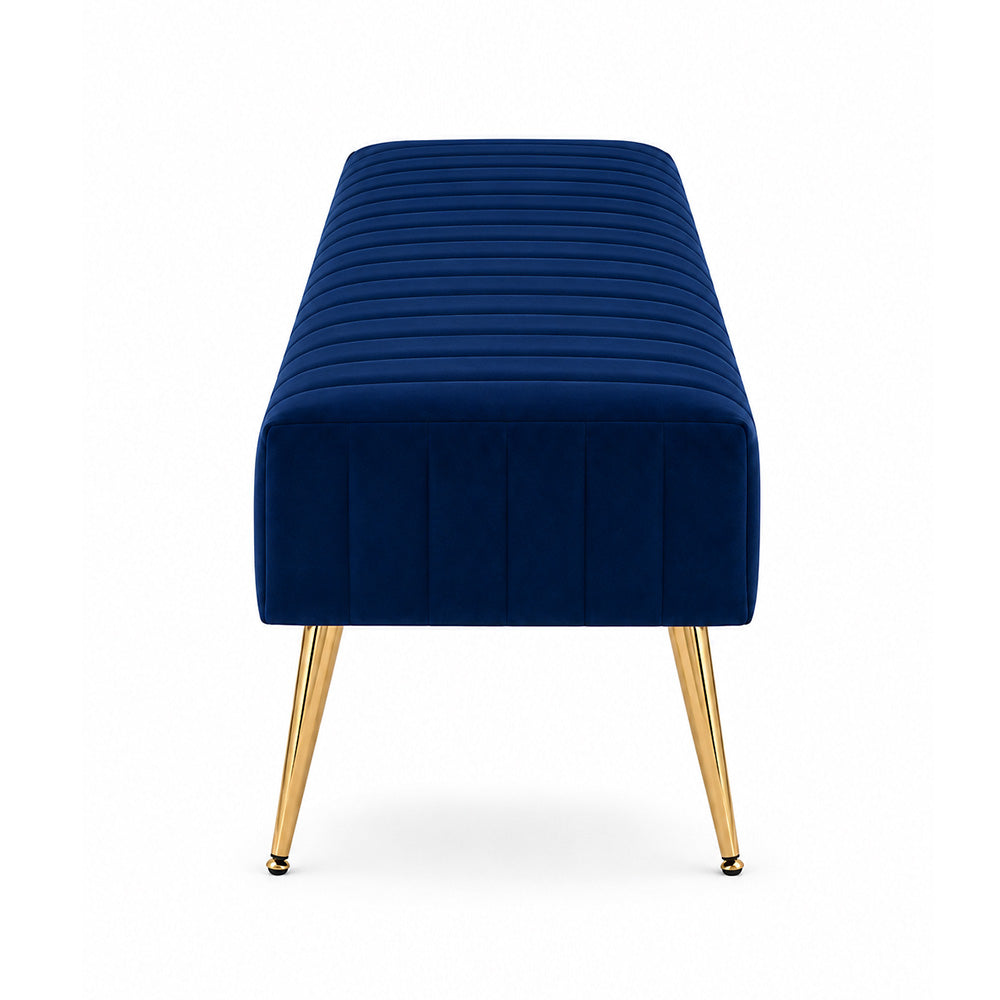 Blue Upholstered Bench with Channel Stitching & Gold Legs