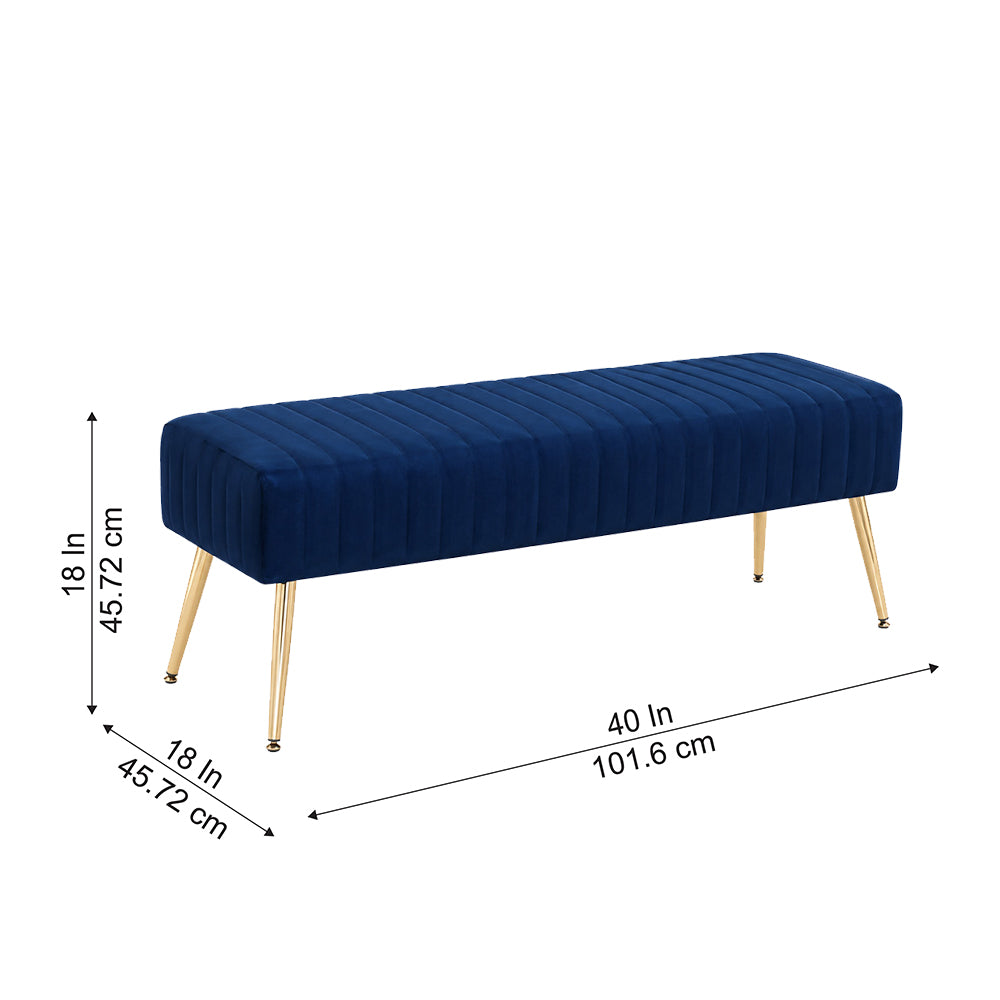 Blue Upholstered Bench with Channel Stitching & Gold Legs