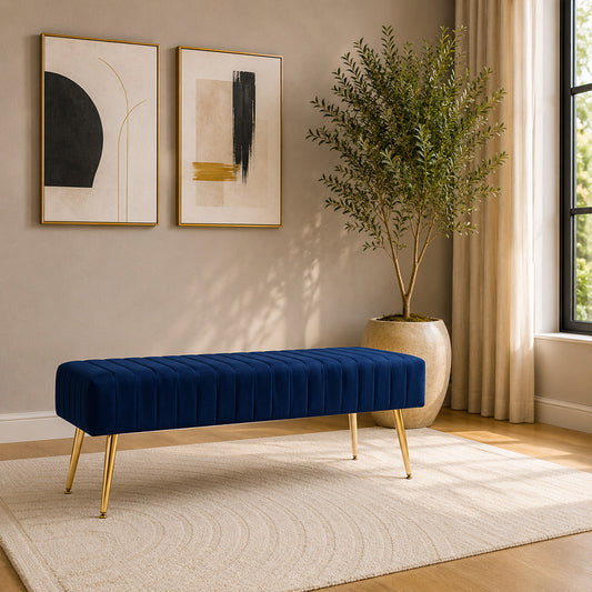 Blue Upholstered Bench with Channel Stitching & Gold Legs