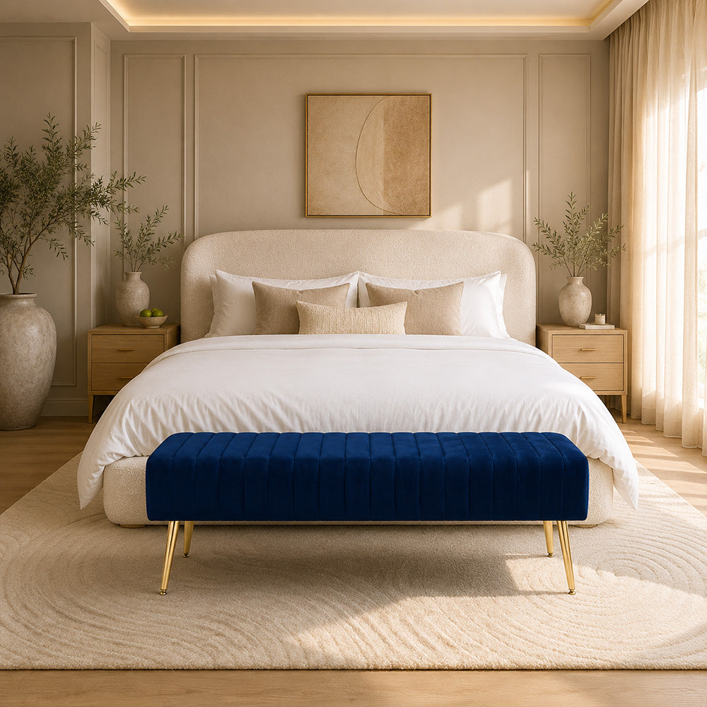 Blue Upholstered Bench with Channel Stitching & Gold Legs
