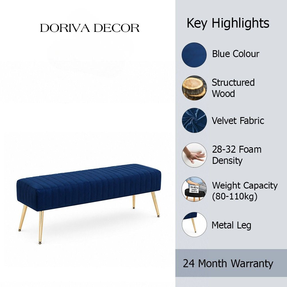 Blue Upholstered Bench with Channel Stitching & Gold Legs