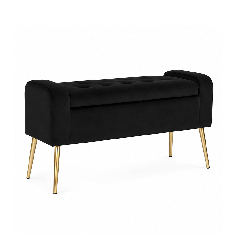 Black Upholstered Storage Bench with Gold Legs