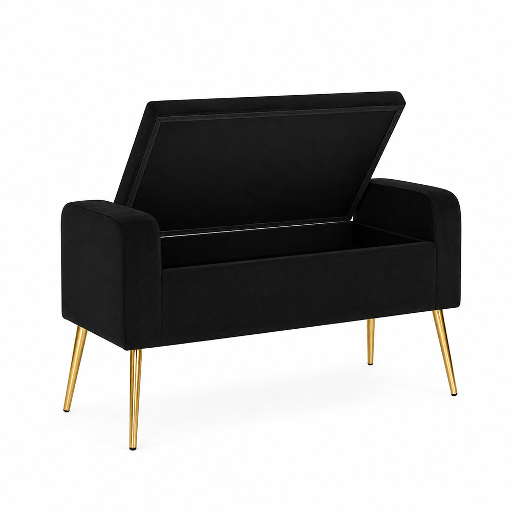 Black Upholstered Storage Bench with Gold Legs