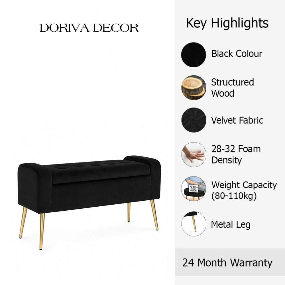 Black Upholstered Storage Bench with Gold Legs