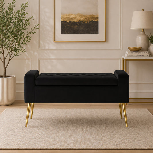 Black Upholstered Storage Bench with Gold Legs