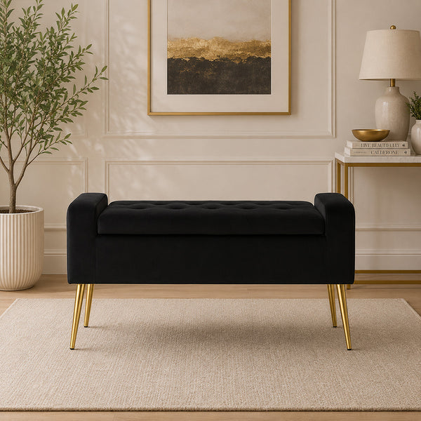 Black Upholstered Storage Bench with Gold Legs