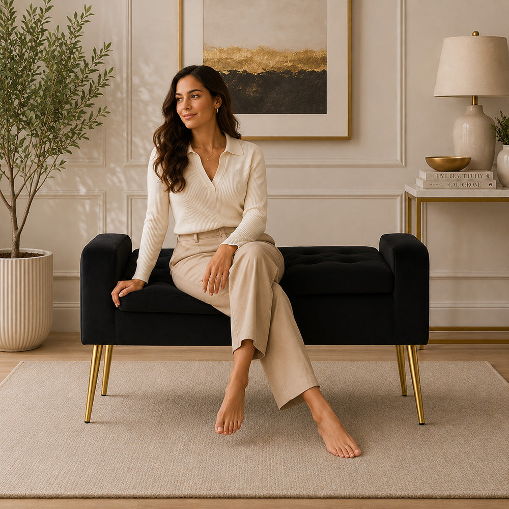 Black Upholstered Storage Bench with Gold Legs
