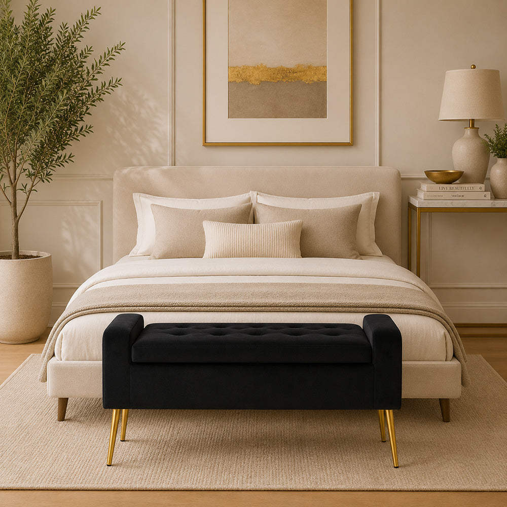 Black Upholstered Storage Bench with Gold Legs