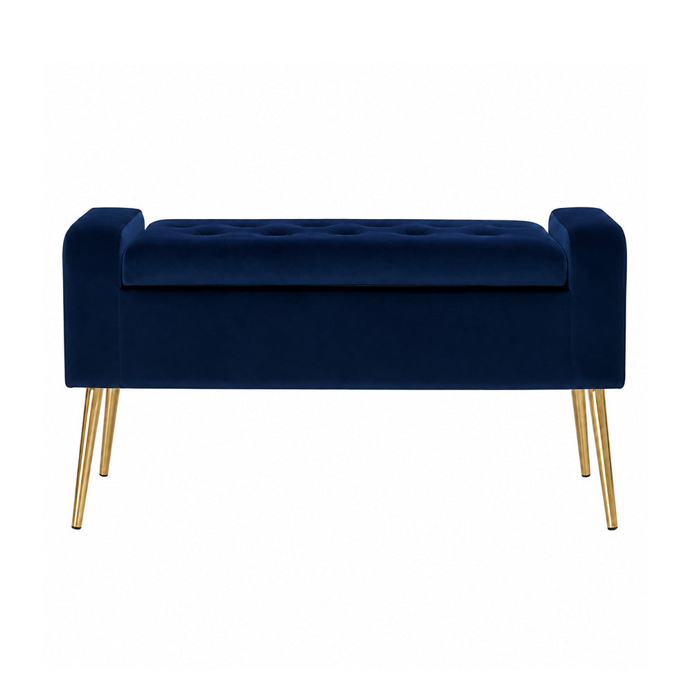 Blue Upholstered Storage Bench with Gold Legs