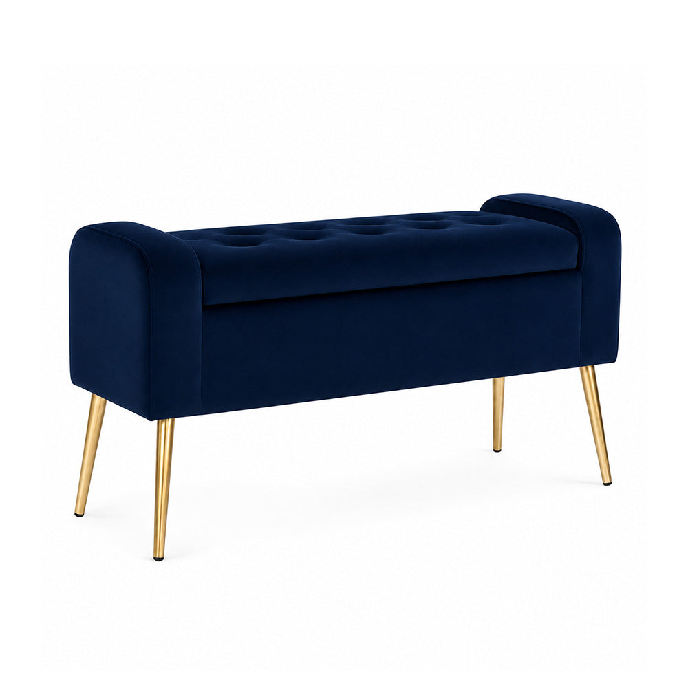 Blue Upholstered Storage Bench with Gold Legs