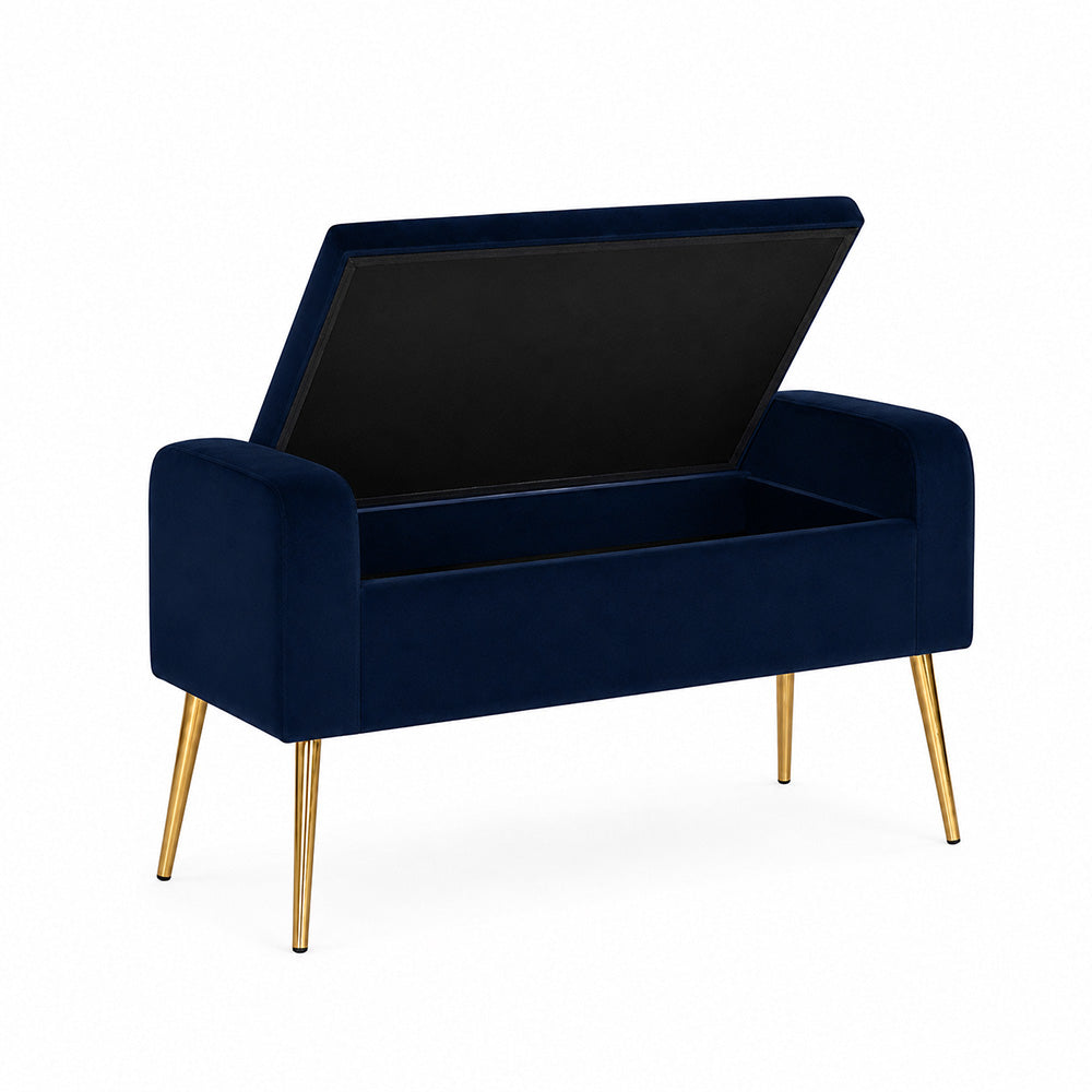Blue Upholstered Storage Bench with Gold Legs