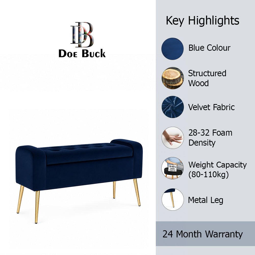Blue Upholstered Storage Bench with Gold Legs