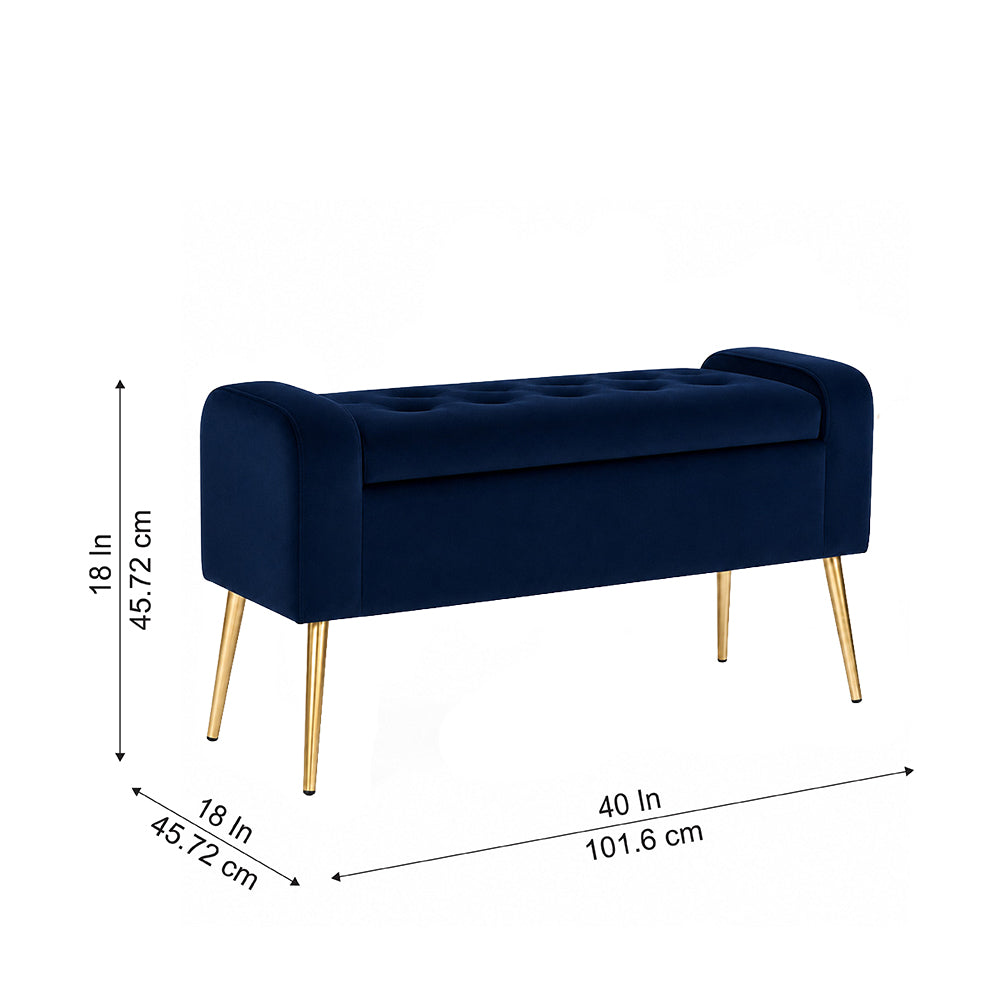 Blue Upholstered Storage Bench with Gold Legs