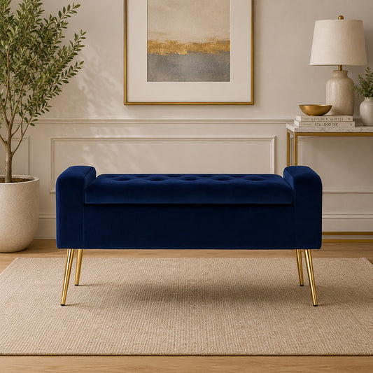 Blue Upholstered Storage Bench with Gold Legs