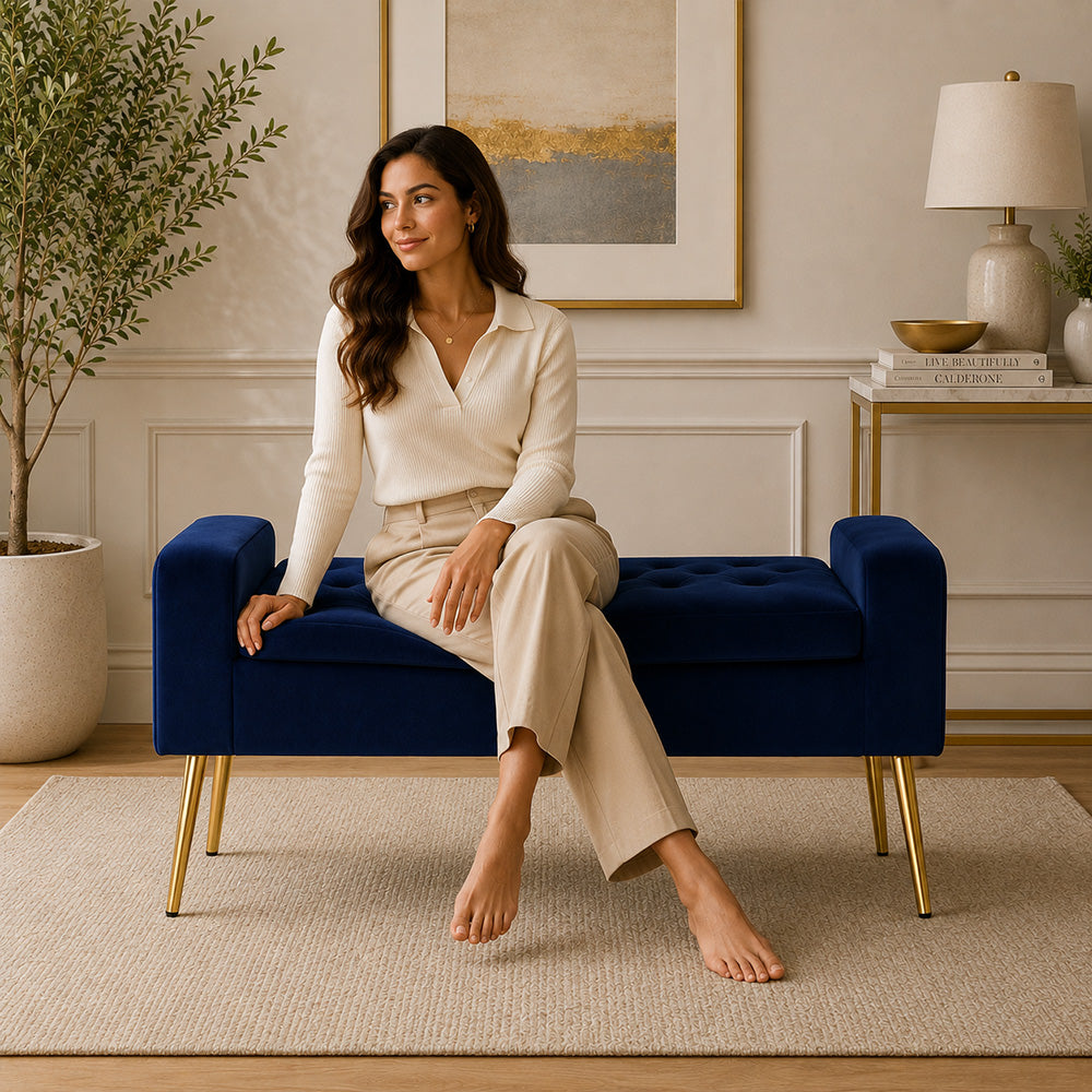 Blue Upholstered Storage Bench with Gold Legs