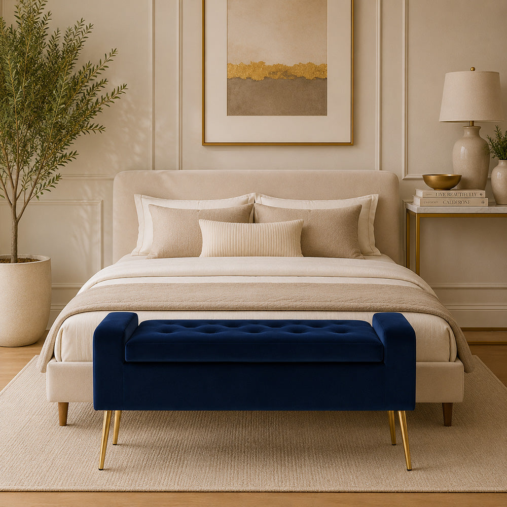 Blue Upholstered Storage Bench with Gold Legs