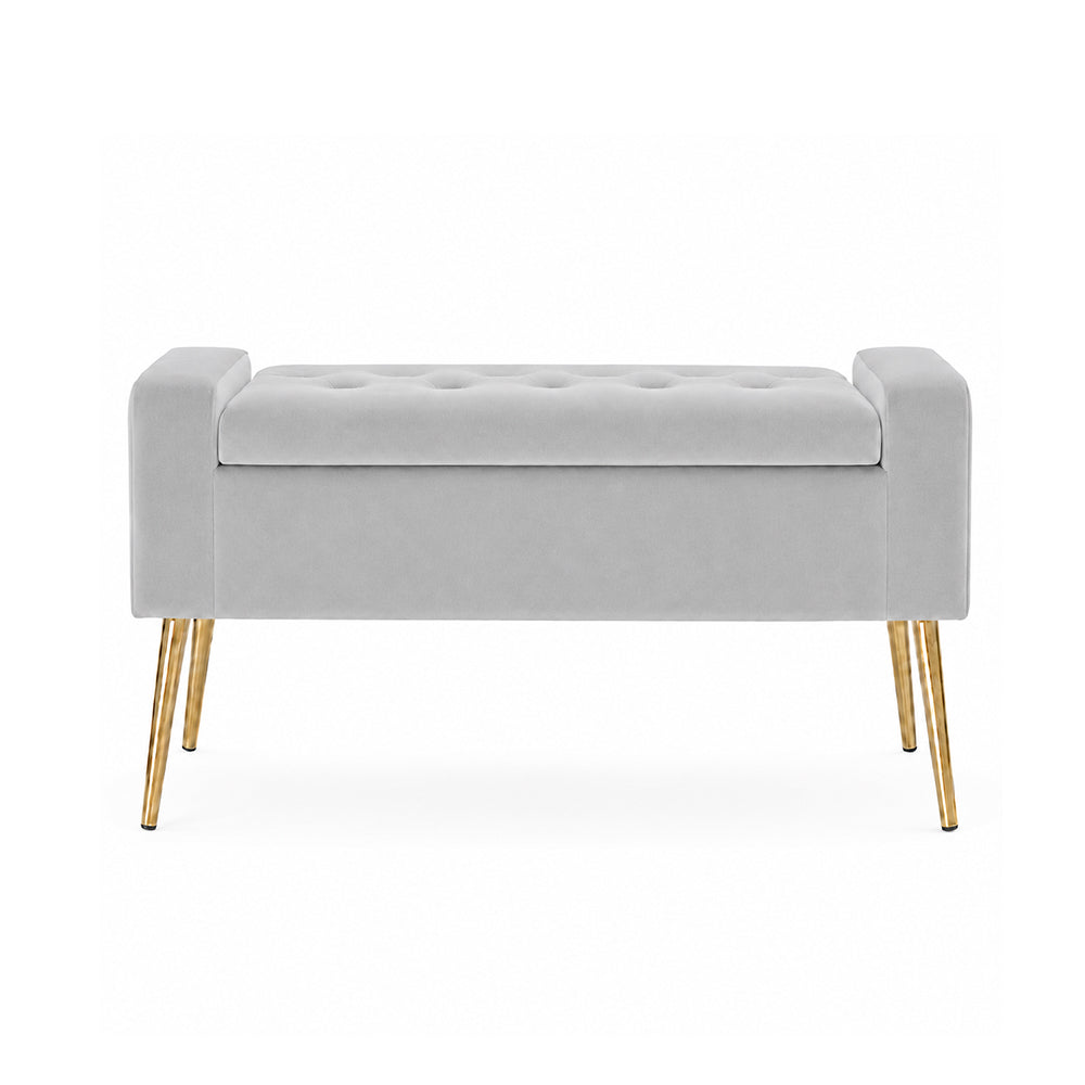 Grey Upholstered Storage Bench with Gold Legs