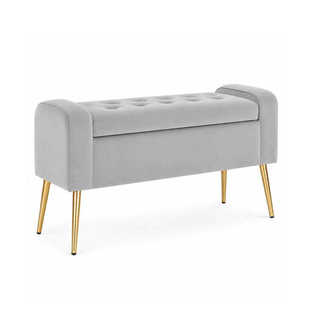 Grey Upholstered Storage Bench with Gold Legs