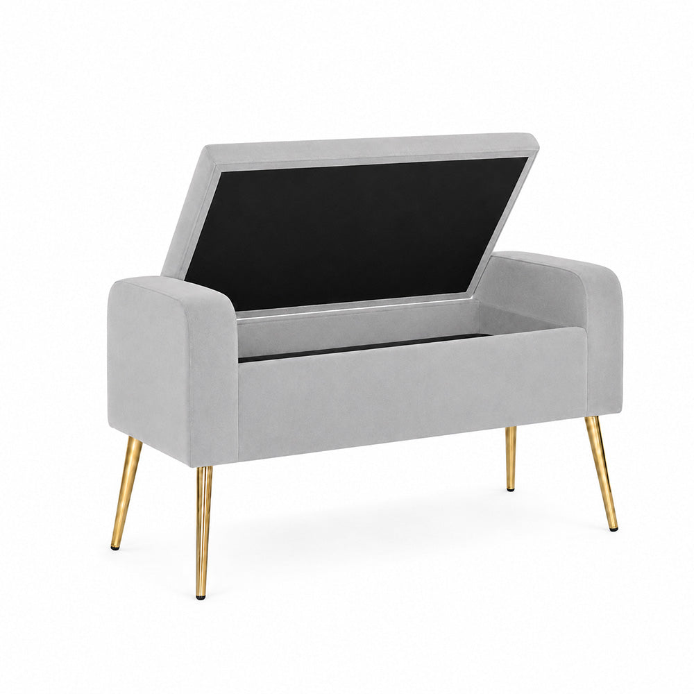 Grey Upholstered Storage Bench with Gold Legs