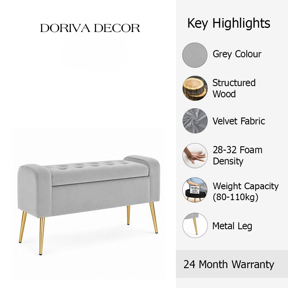 Grey Upholstered Storage Bench with Gold Legs
