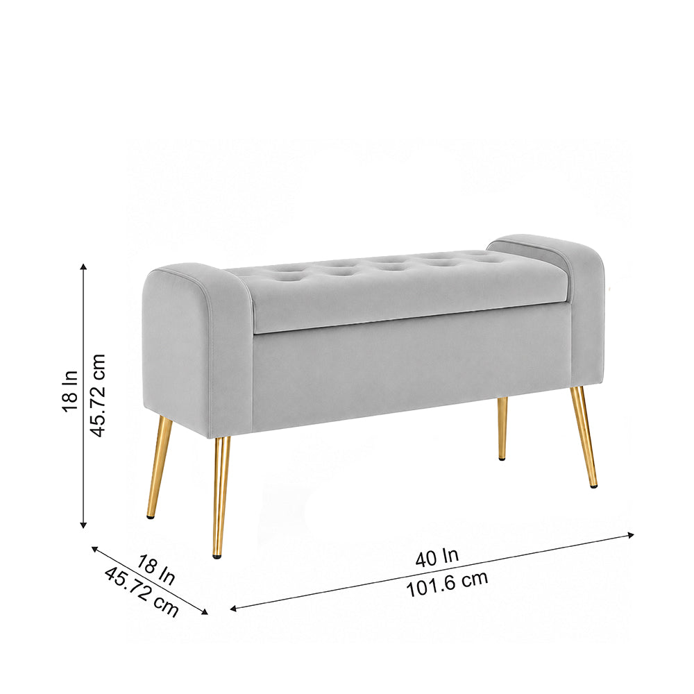 Grey Upholstered Storage Bench with Gold Legs