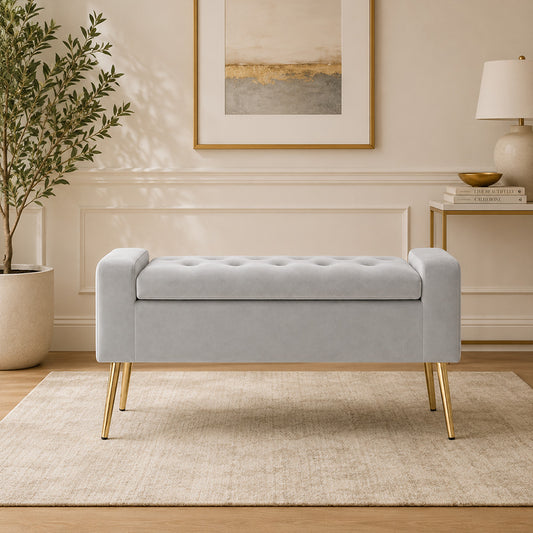 Grey Upholstered Storage Bench with Gold Legs