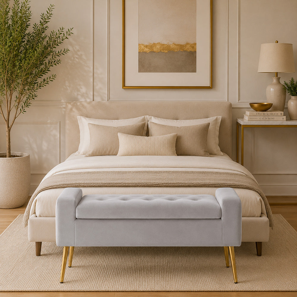 Grey Upholstered Storage Bench with Gold Legs