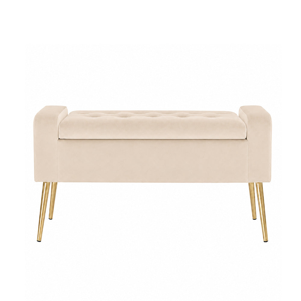 Beige Upholstered Storage Bench with Gold Legs