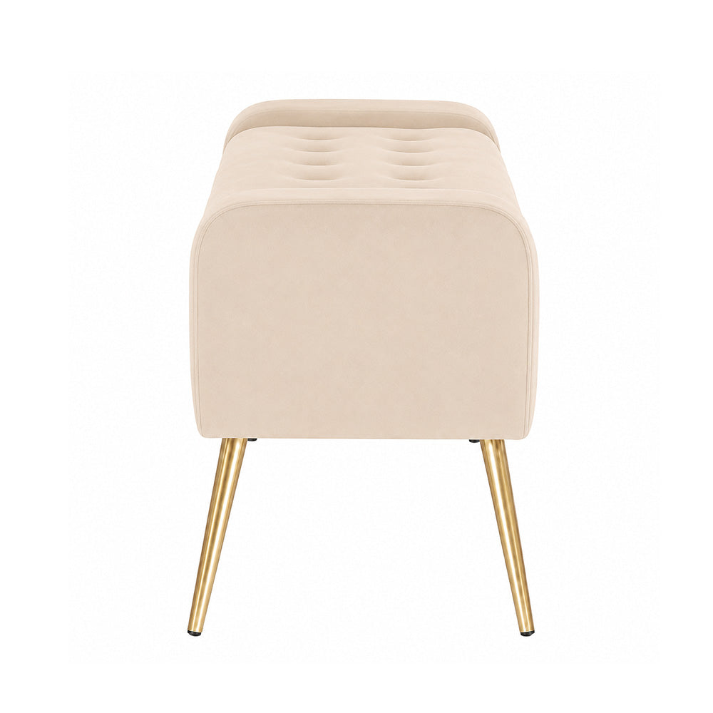 Beige Upholstered Storage Bench with Gold Legs