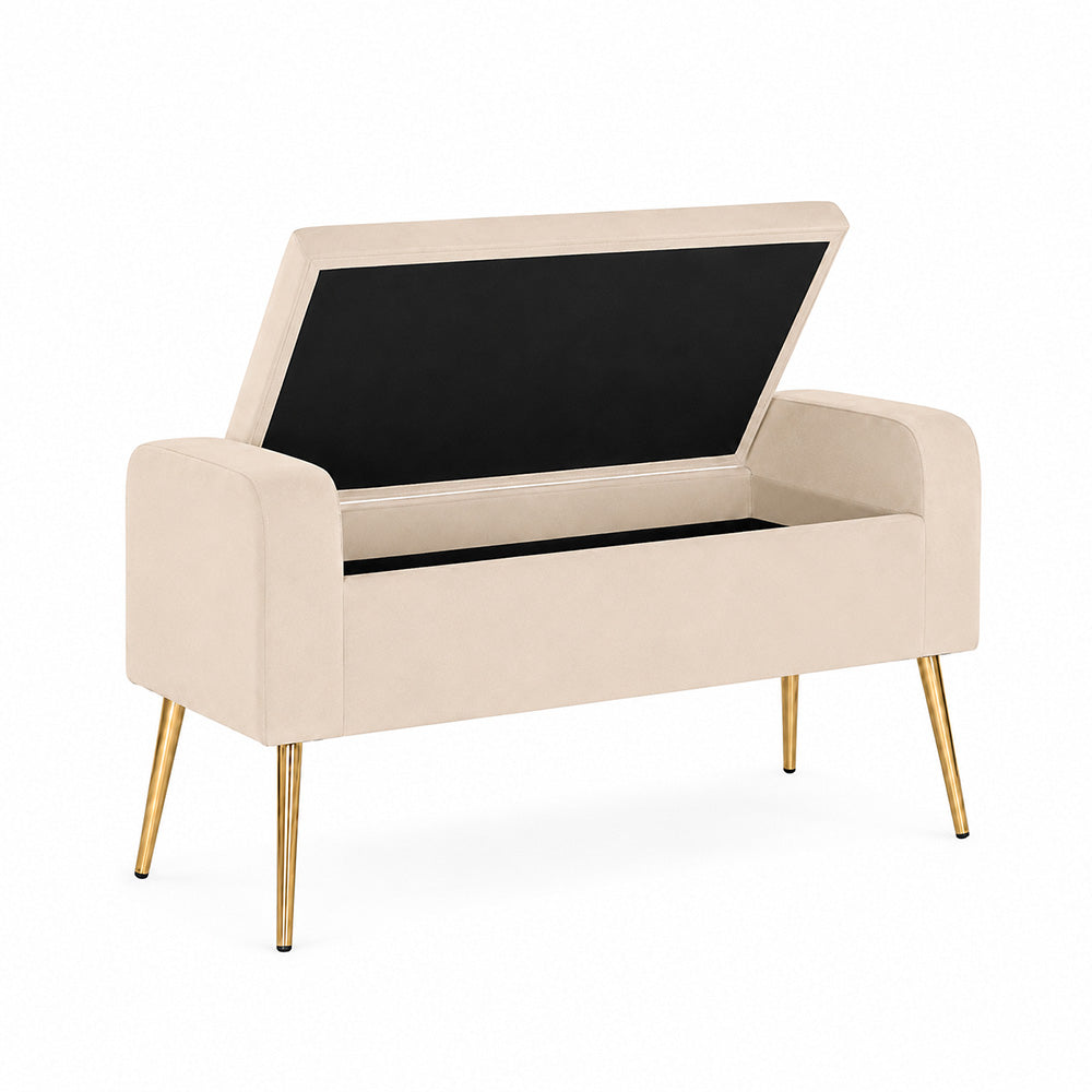 Beige Upholstered Storage Bench with Gold Legs