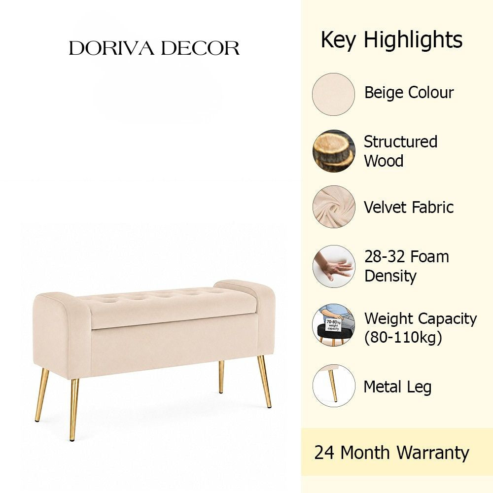 Beige Upholstered Storage Bench with Gold Legs