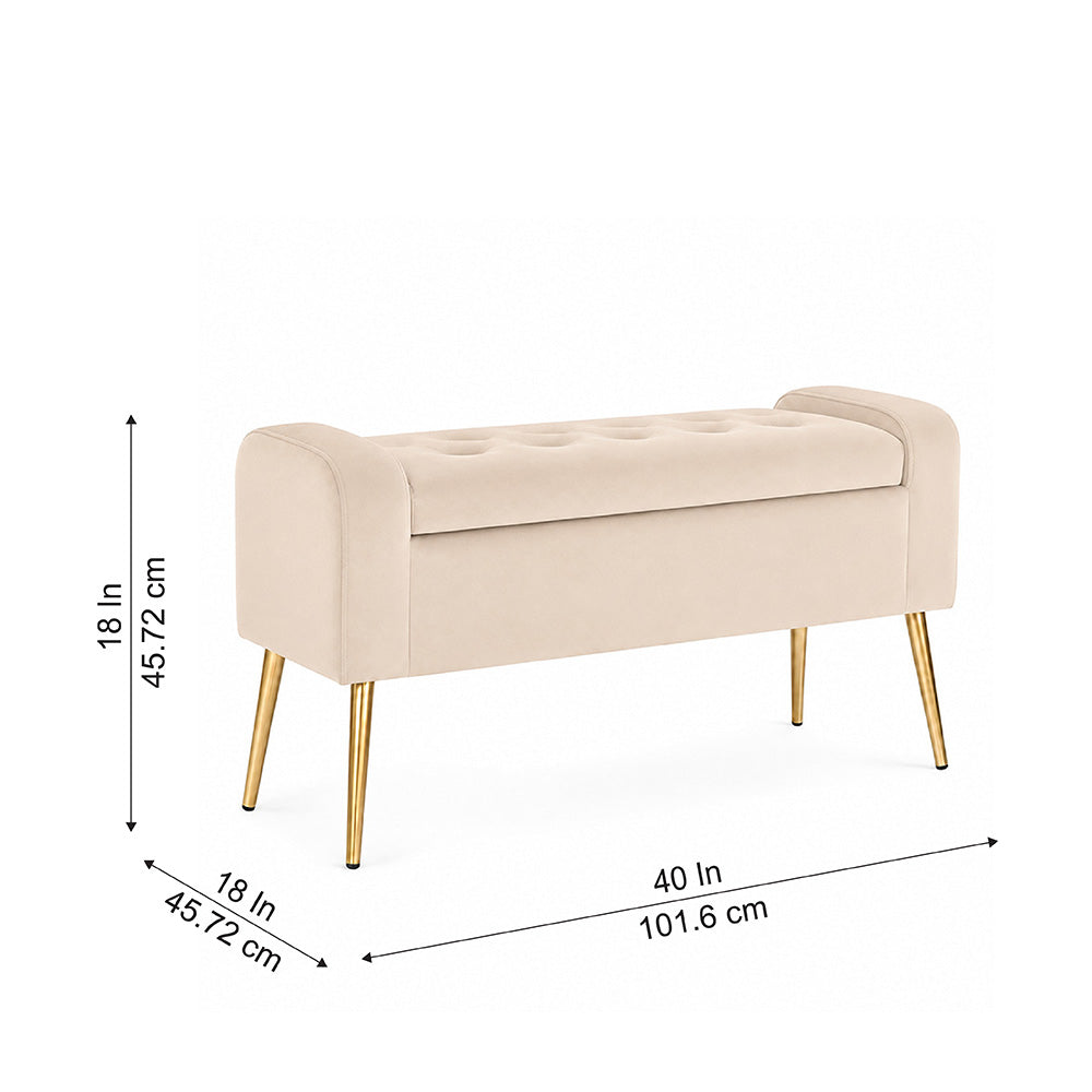 Beige Upholstered Storage Bench with Gold Legs