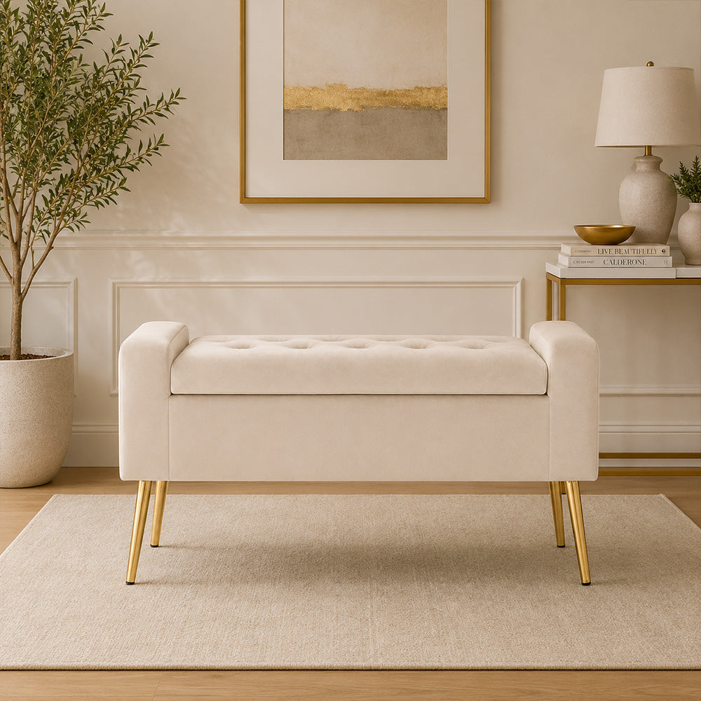 Beige Upholstered Storage Bench with Gold Legs