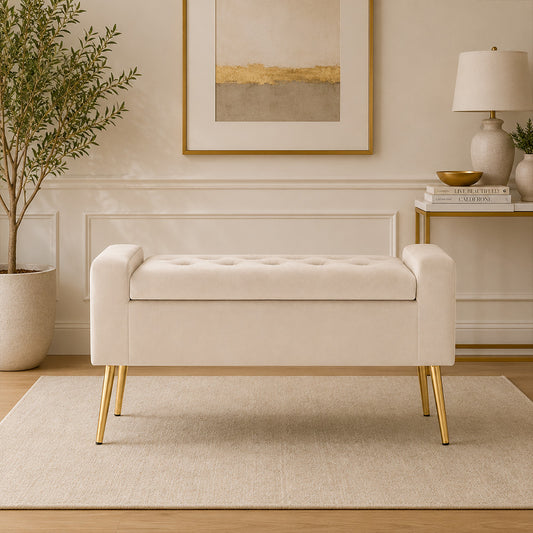 Beige Upholstered Storage Bench with Gold Legs
