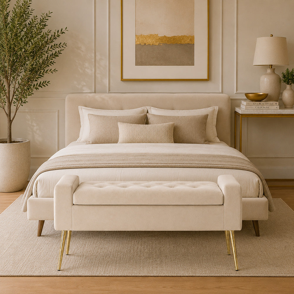 Beige Upholstered Storage Bench with Gold Legs