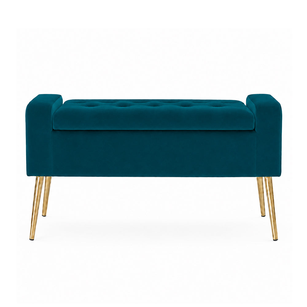 Teal Upholstered Storage Bench with Gold Legs