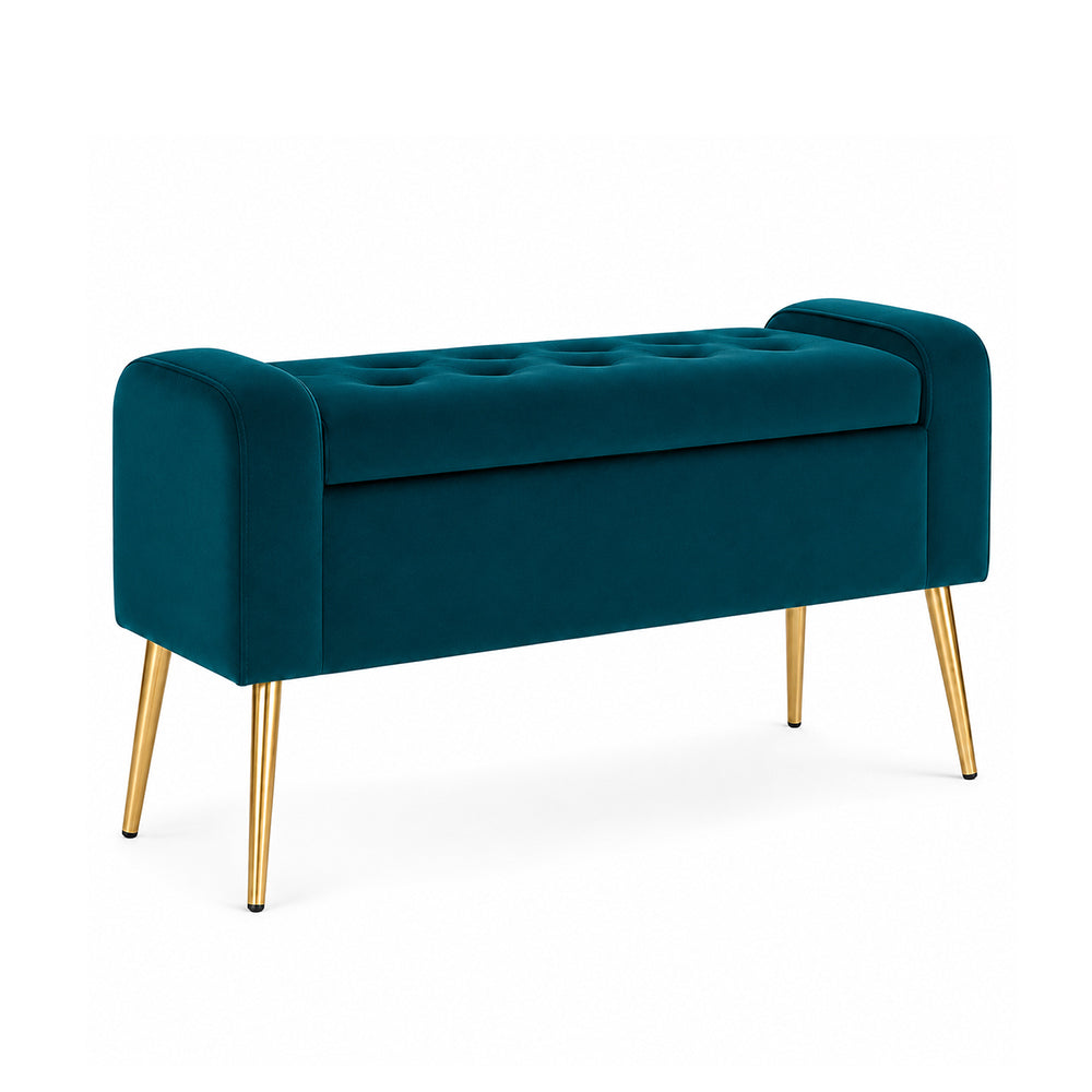 Teal Upholstered Storage Bench with Gold Legs