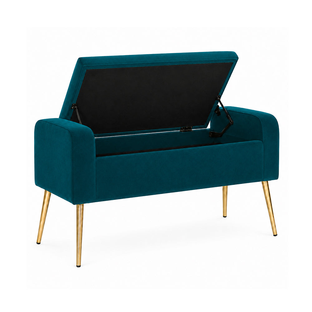 Teal Upholstered Storage Bench with Gold Legs