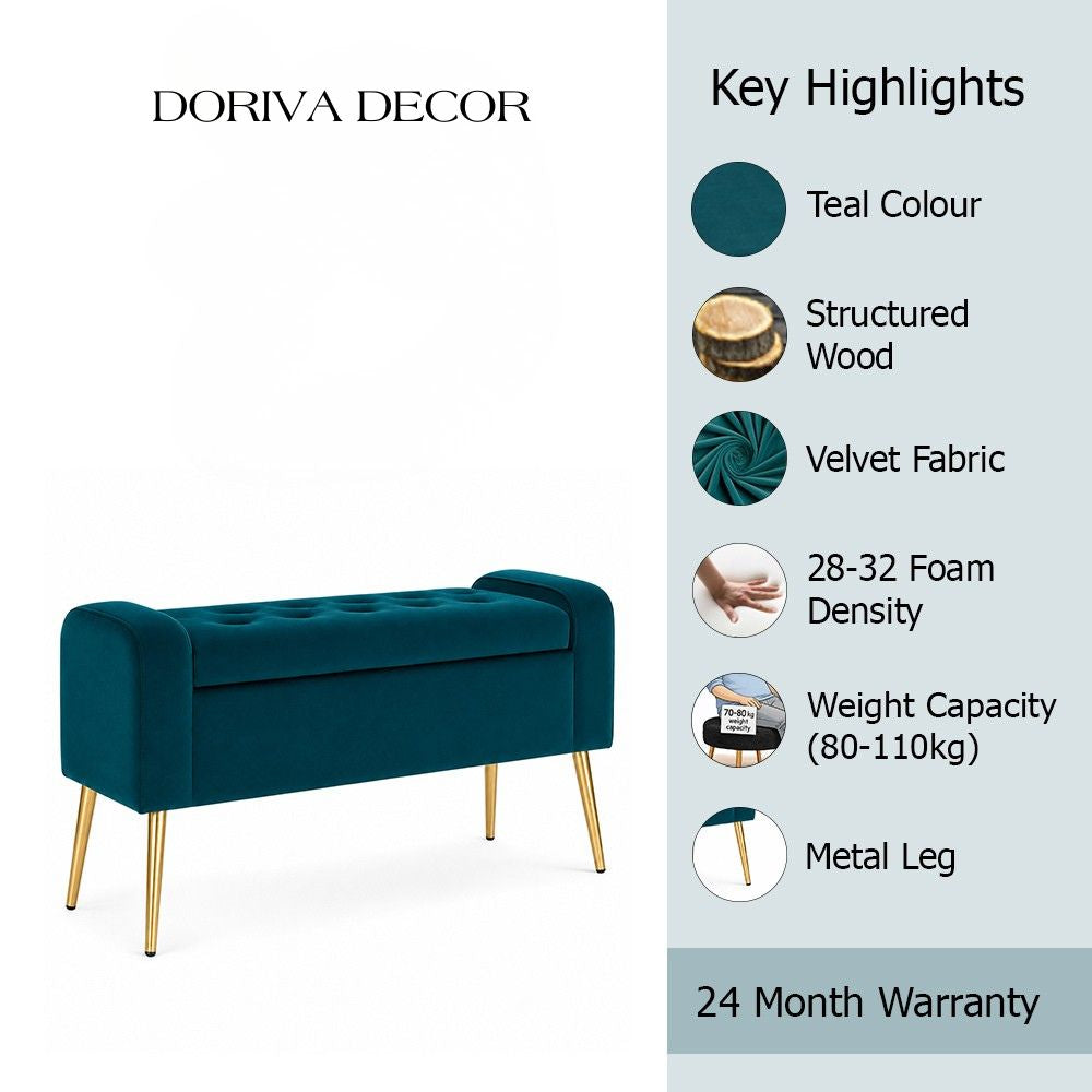 Teal Upholstered Storage Bench with Gold Legs