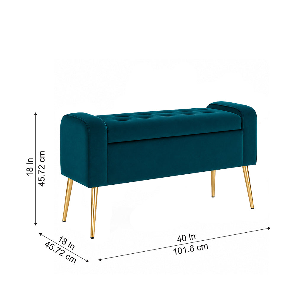 Teal Upholstered Storage Bench with Gold Legs