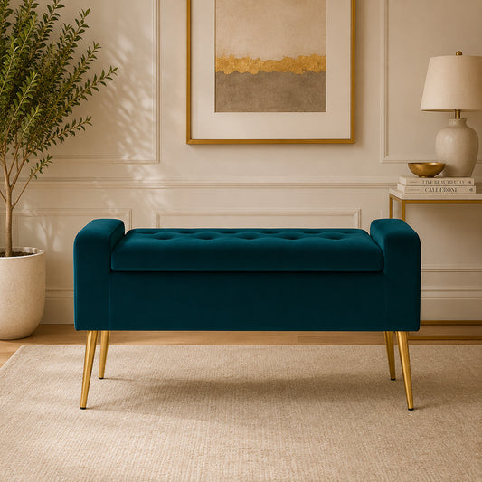 Teal Upholstered Storage Bench with Gold Legs