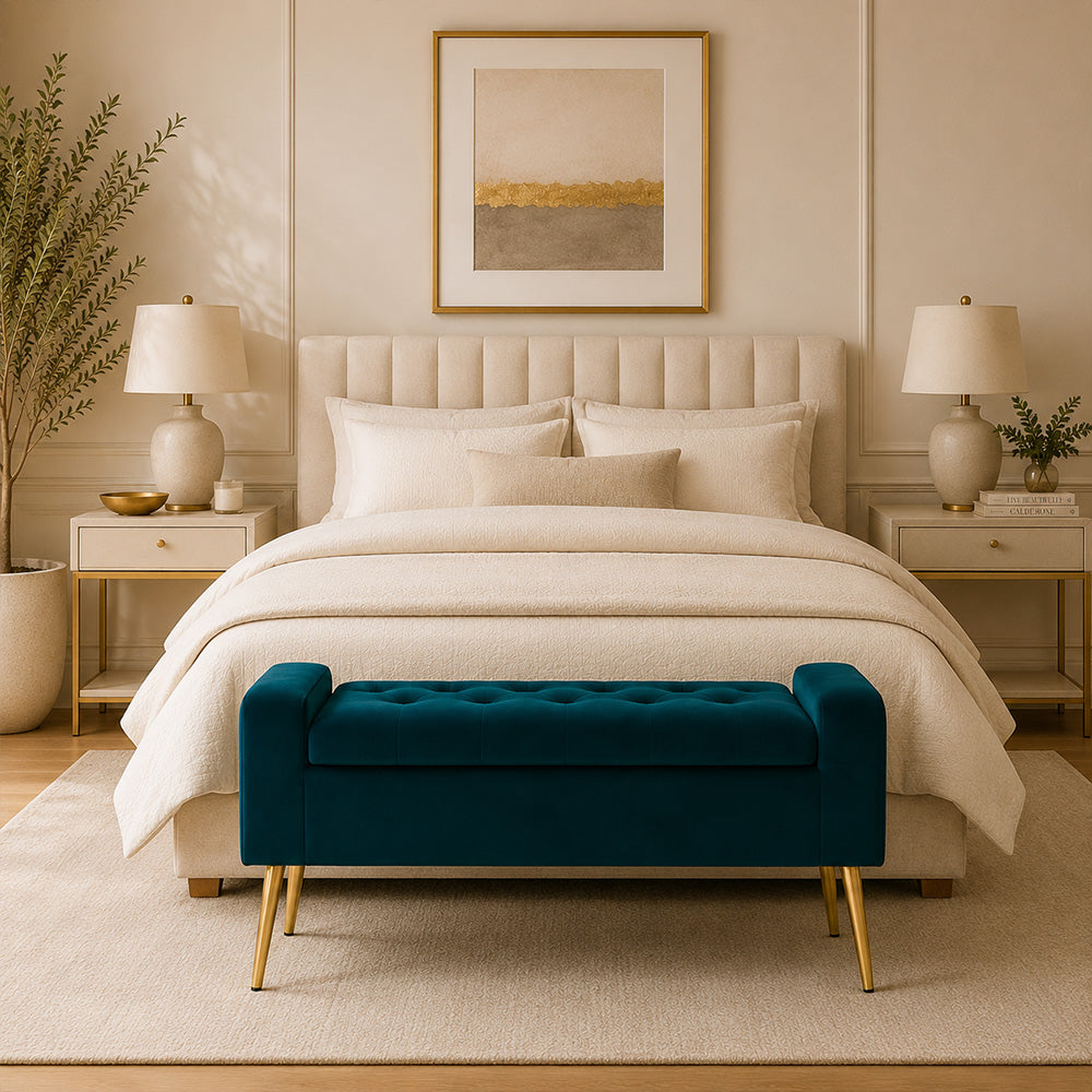 Teal Upholstered Storage Bench with Gold Legs