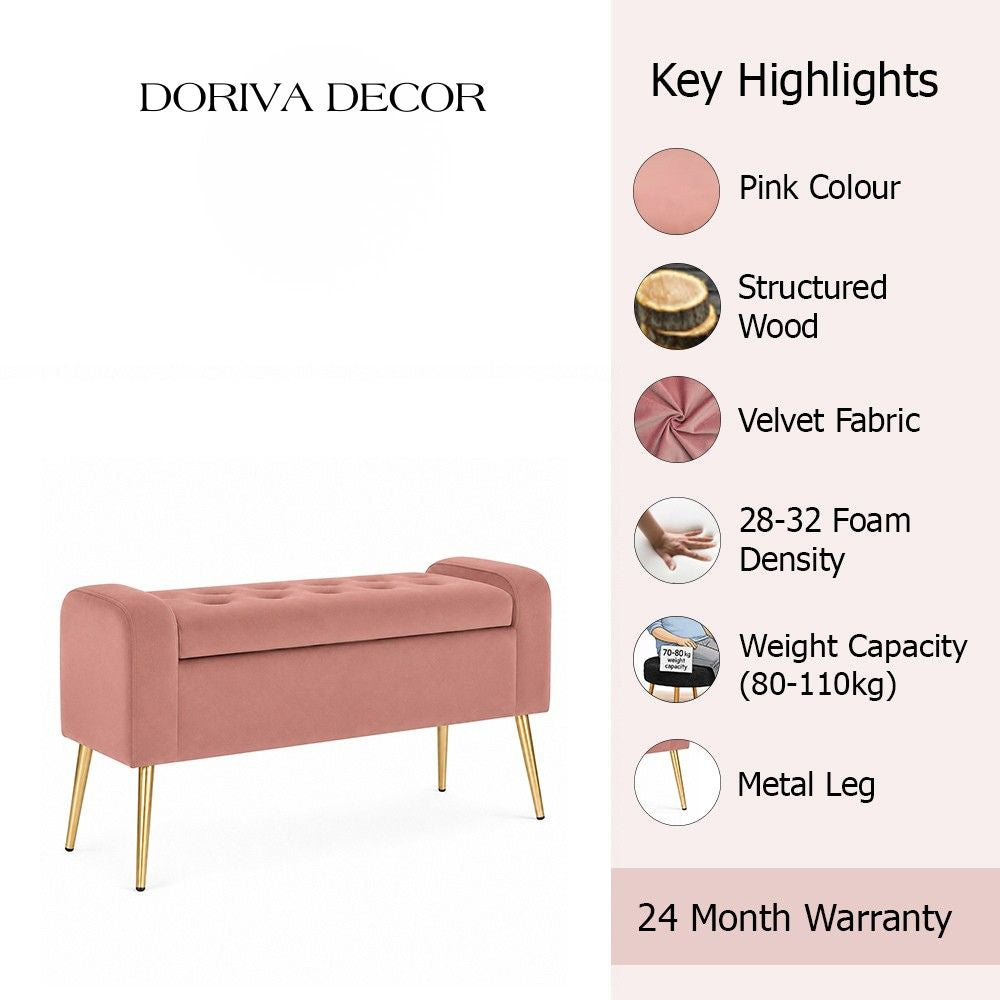 Pink Upholstered Storage Bench with Gold Legs