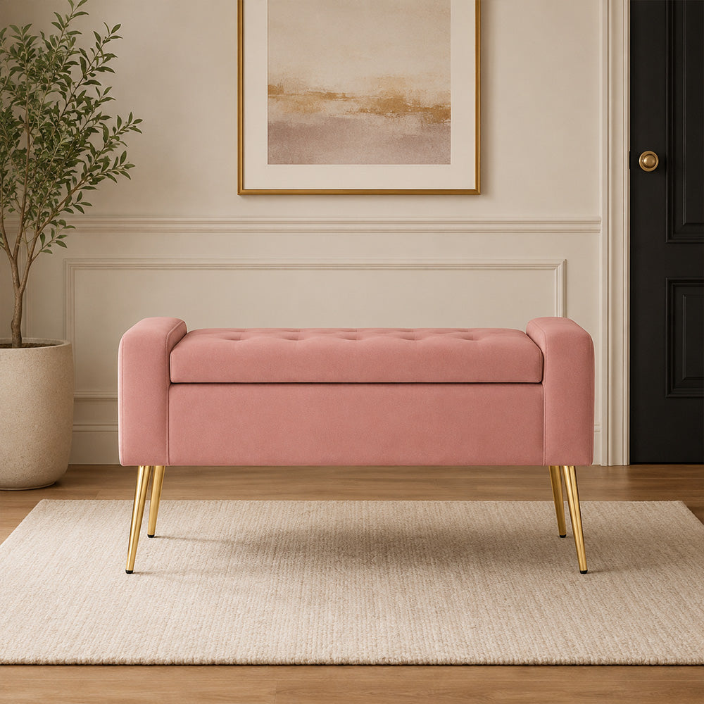 Pink Upholstered Storage Bench with Gold Legs